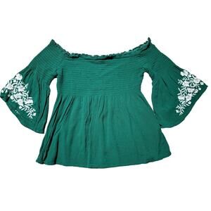 Hollister Womens M Green & White Embroidered Stretchy Off The Shoulder Blouse